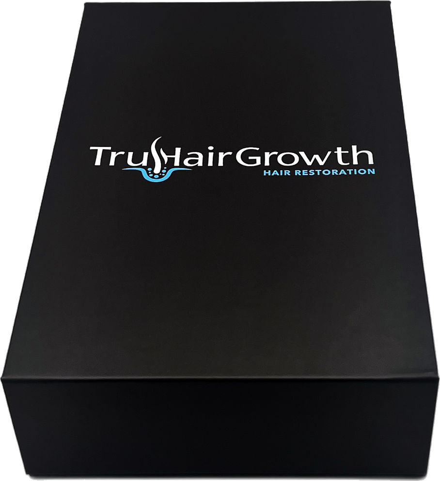 The Tru Hair Growth Kit, a matte black gift box